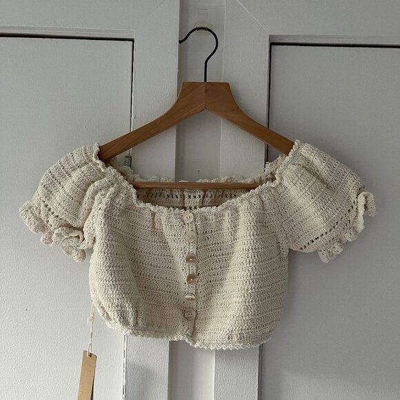 She Made Me Crochet Knit Off Shoulder Crop Top - Ivory - Size M - Picture 1 of 8